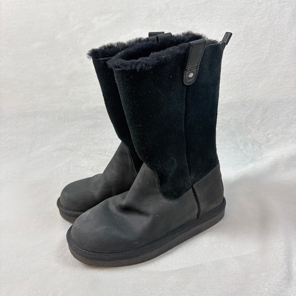 UGG Boots Kids Size 2 Black Good Leather Suede Back Zip Faux‎ Fur 1013287K